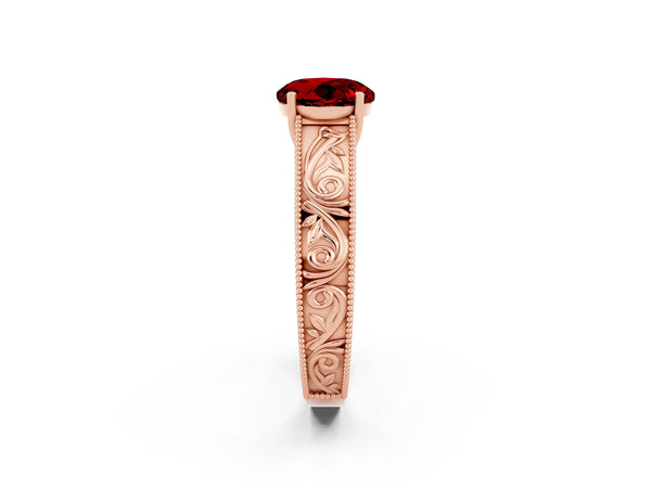 Rose gold Round Cut Ruby Solitaire Ring with Engraved Band and Four-Prong Setting