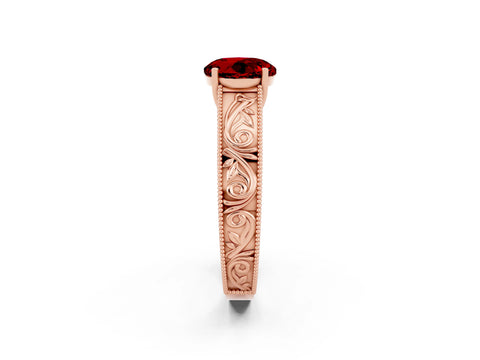 Rose gold Round Cut Ruby Solitaire Ring with Engraved Band and Four-Prong Setting_2