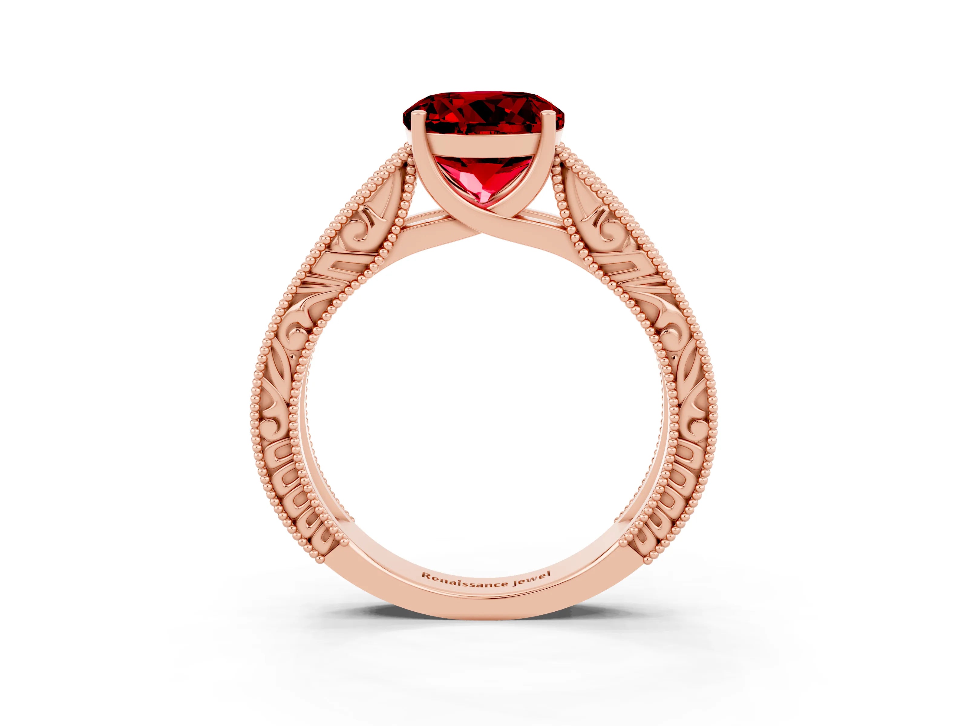 Rose gold Round Cut Ruby Solitaire Ring with Engraved Band and Four-Prong Setting_3