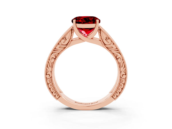 Rose gold Round Cut Ruby Solitaire Ring with Engraved Band and Four-Prong Setting
