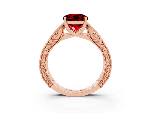 Rose gold Round Cut Ruby Solitaire Ring with Engraved Band and Four-Prong Setting_3