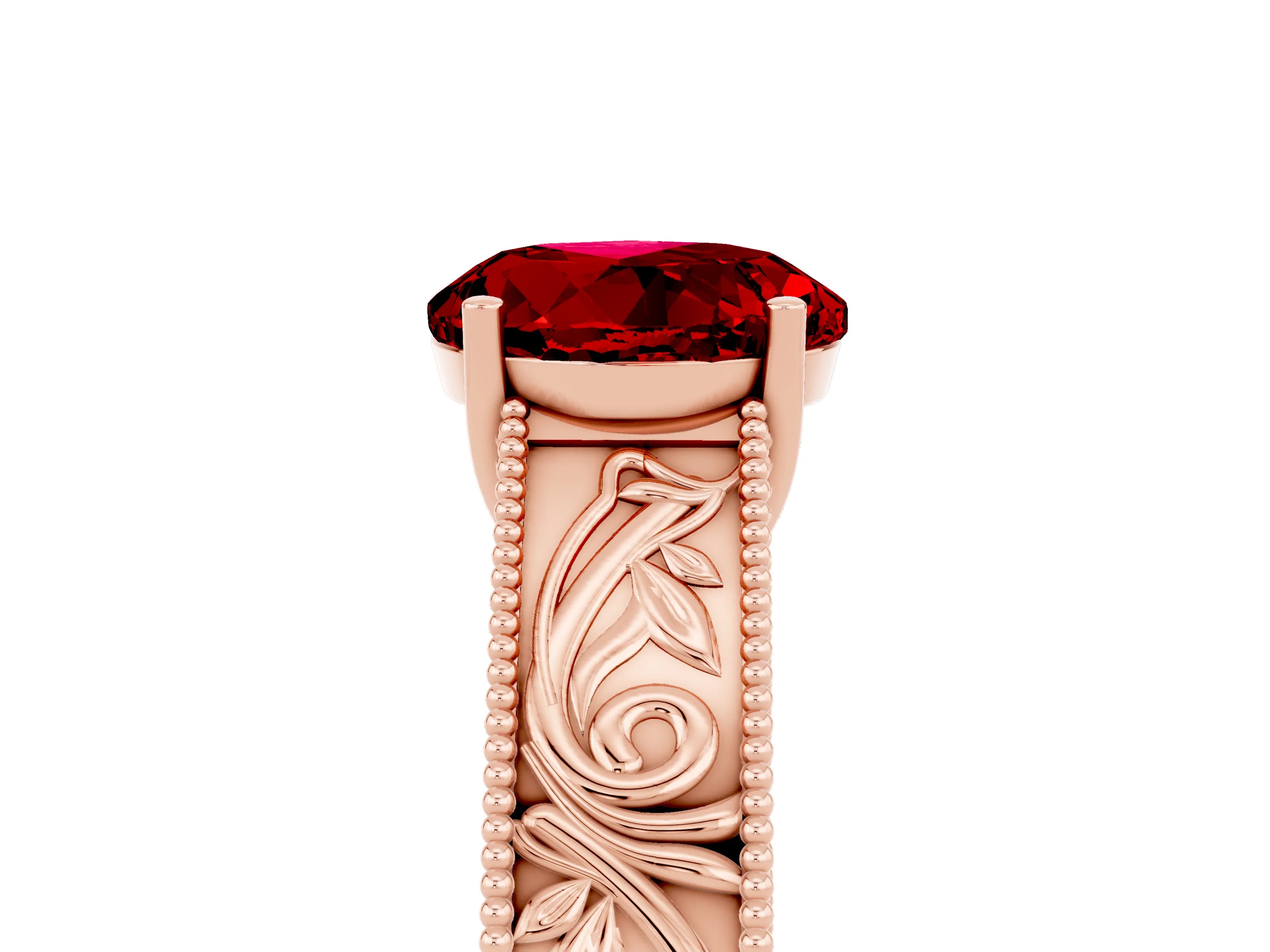 Rose gold Round Cut Ruby Solitaire Ring with Engraved Band and Four-Prong Setting_5