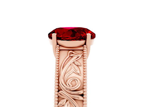 Rose gold Round Cut Ruby Solitaire Ring with Engraved Band and Four-Prong Setting_5
