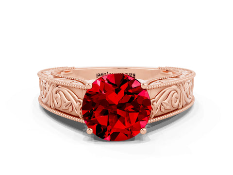 Rose gold Round Cut Ruby Solitaire Ring with Engraved Band and Four-Prong Setting