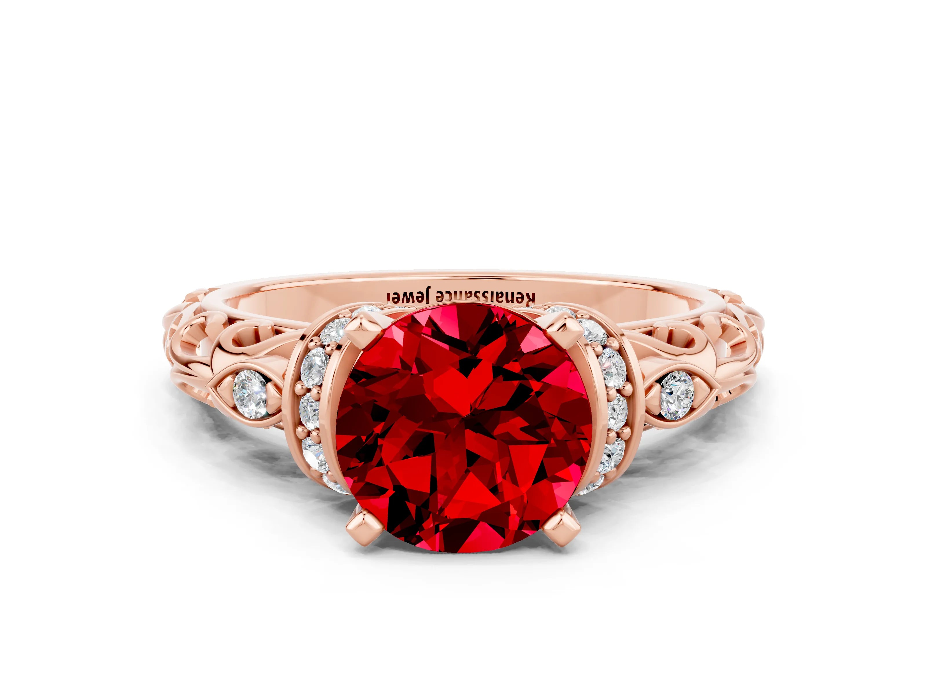 Rose gold Round Cut Ruby Solitaire Ring with Filigree Band and Four-Prong Setting_24