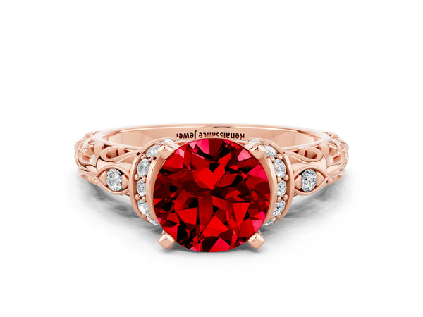 Rose gold Round Cut Ruby Solitaire Ring with Filigree Band and Four-Prong Setting