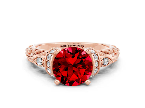 Rose gold Round Cut Ruby Solitaire Ring with Filigree Band and Four-Prong Setting_24
