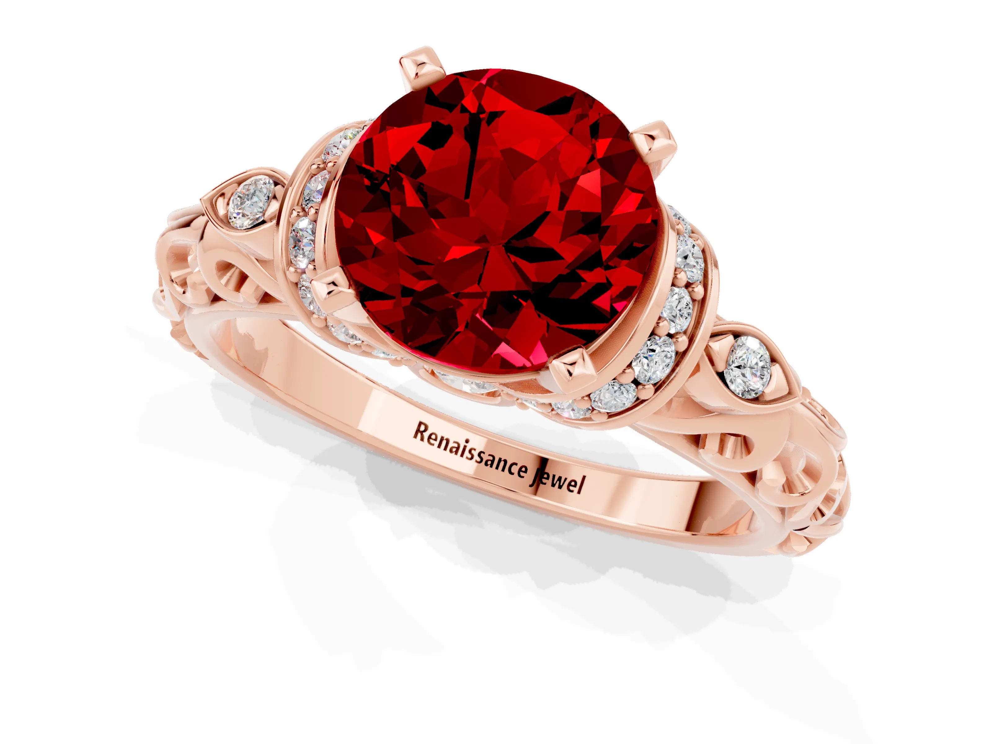 Rose gold Round Cut Ruby Solitaire Ring with Filigree Band and Four-Prong Setting_25