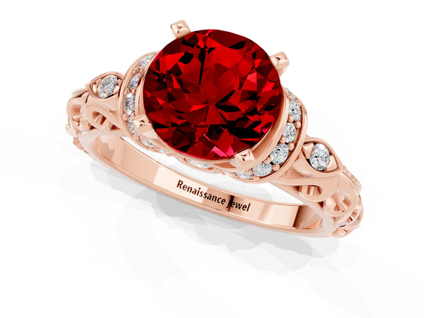 Rose gold Round Cut Ruby Solitaire Ring with Filigree Band and Four-Prong Setting