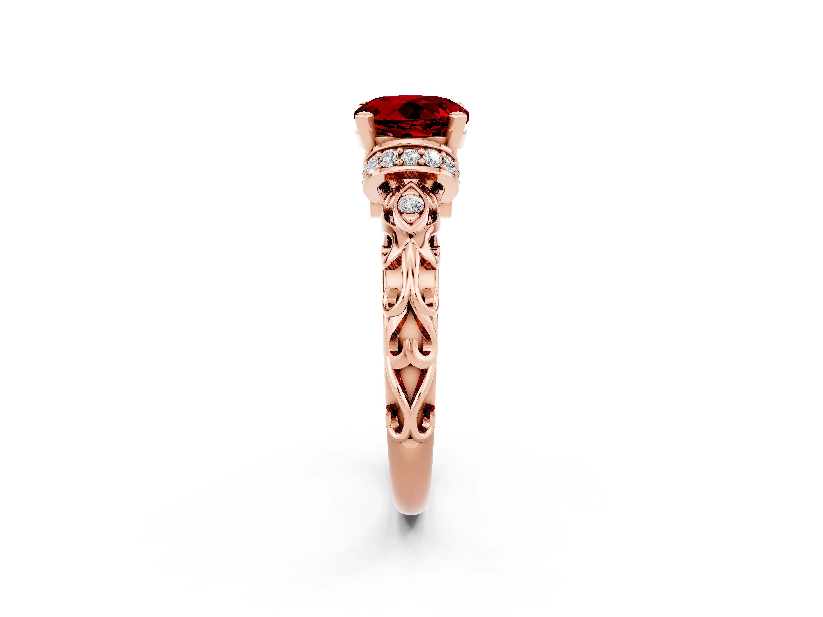 Rose gold Round Cut Ruby Solitaire Ring with Filigree Band and Four-Prong Setting_26