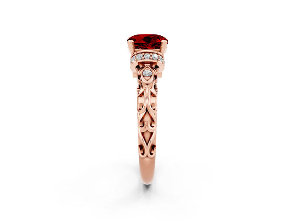 Rose gold Round Cut Ruby Solitaire Ring with Filigree Band and Four-Prong Setting