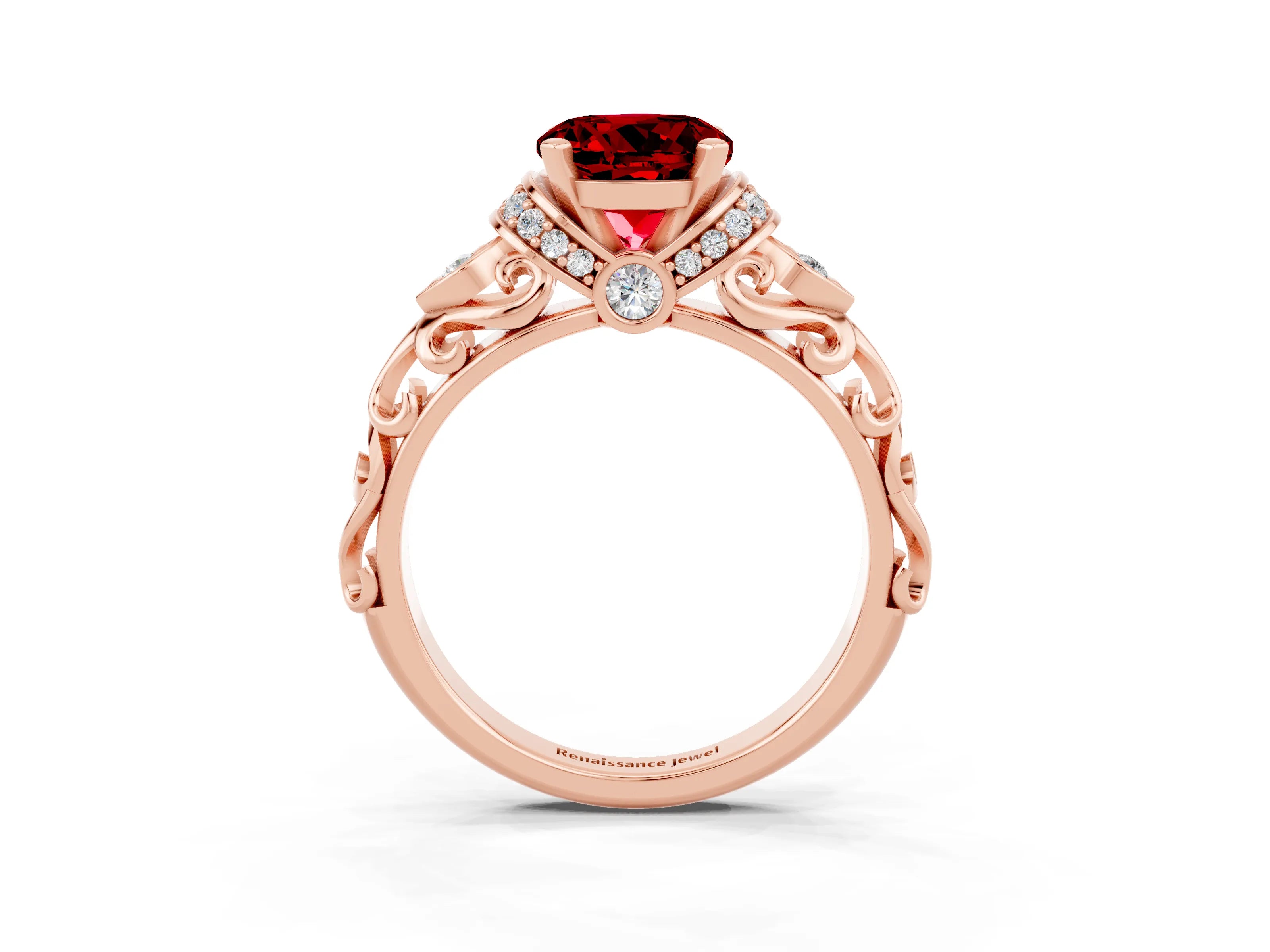 Rose gold Round Cut Ruby Solitaire Ring with Filigree Band and Four-Prong Setting_27