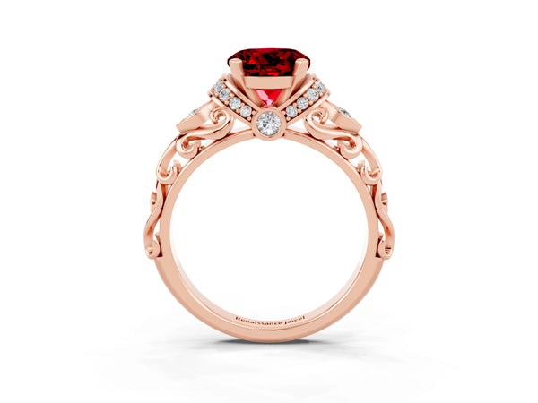 Rose gold Round Cut Ruby Solitaire Ring with Filigree Band and Four-Prong Setting
