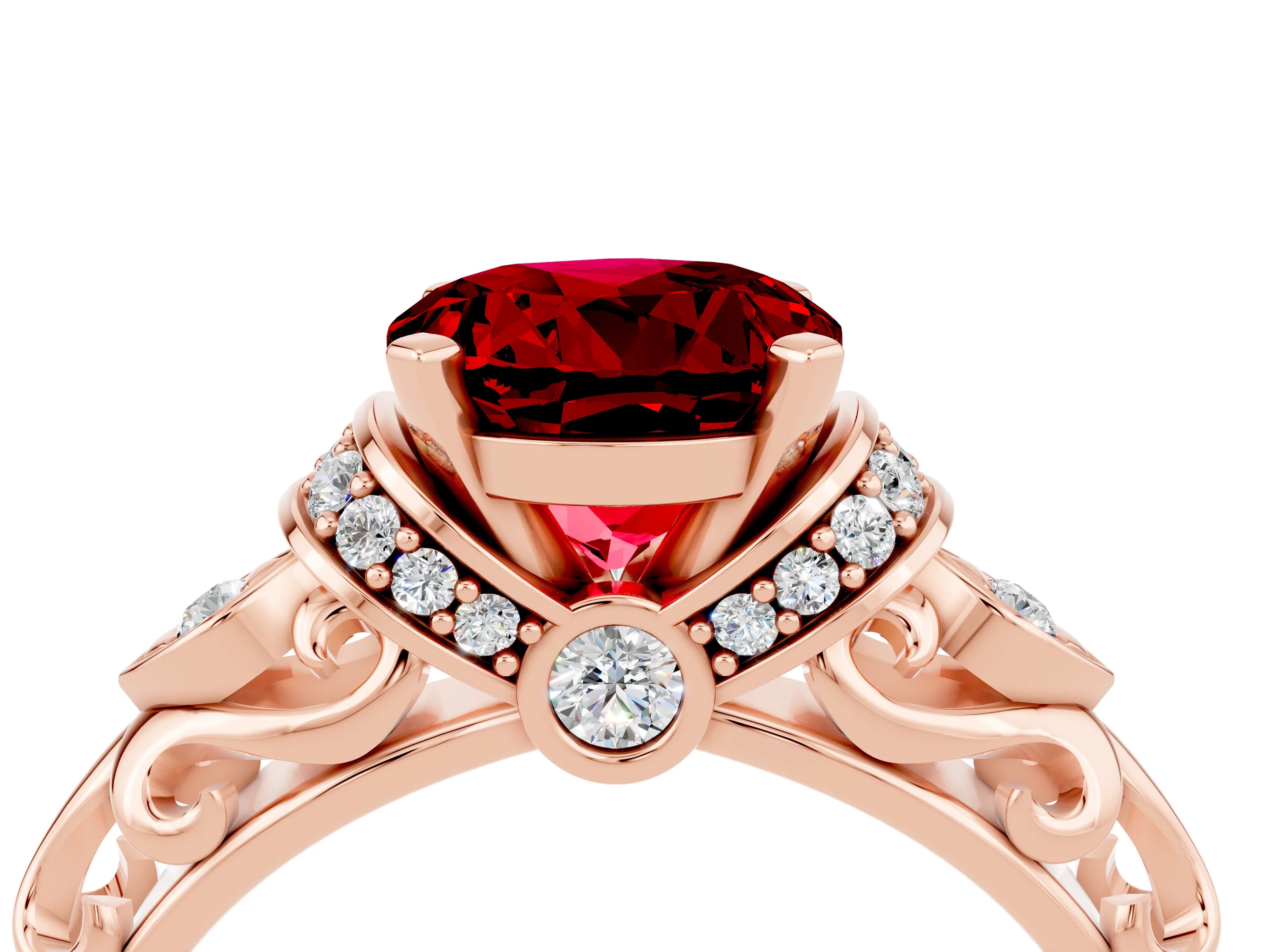 Rose gold Round Cut Ruby Solitaire Ring with Filigree Band and Four-Prong Setting_28