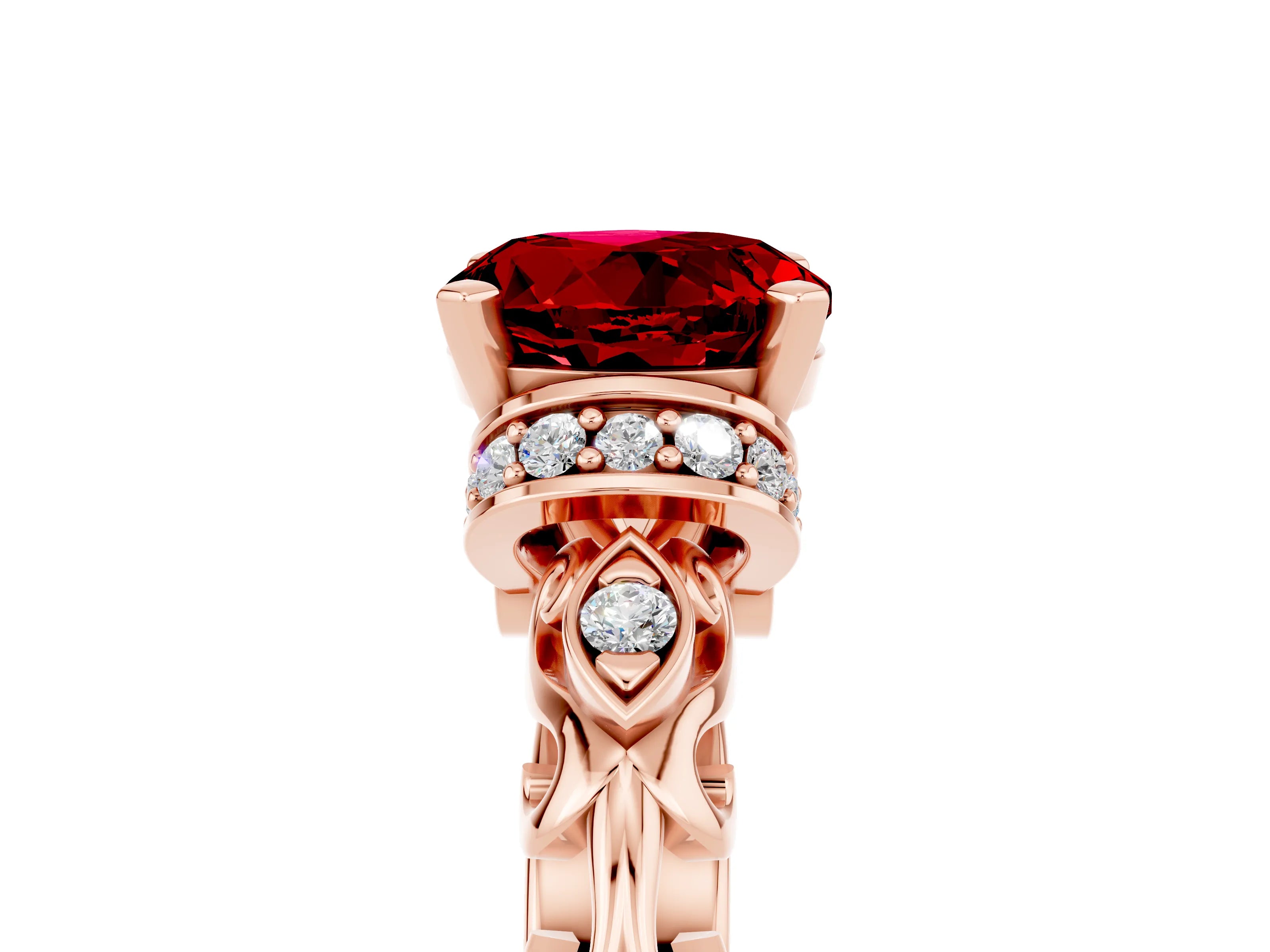 Rose gold Round Cut Ruby Solitaire Ring with Filigree Band and Four-Prong Setting_29