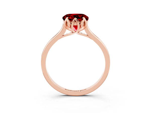 Rose gold Round Cut Ruby Solitaire Ring with Flower Prong Setting and Classic Band