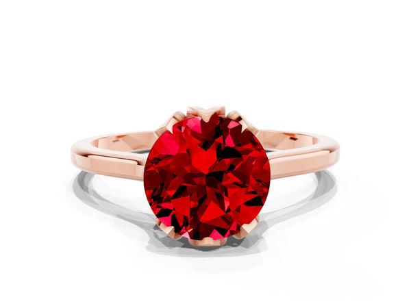 Rose gold Round Cut Ruby Solitaire Ring with Flower Prong Setting and Classic Band