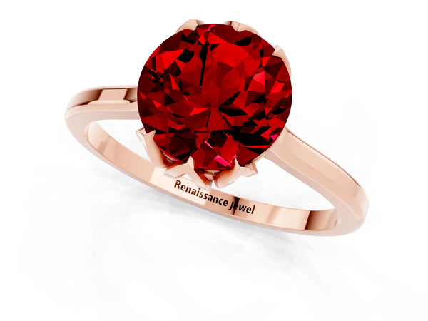 Rose gold Round Cut Ruby Solitaire Ring with Flower Prong Setting and Classic Band