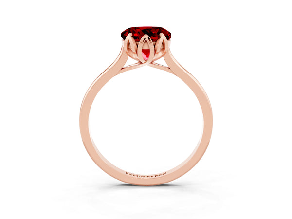 Rose gold Round Cut Ruby Solitaire Ring with Flower Prong Setting and Classic Band