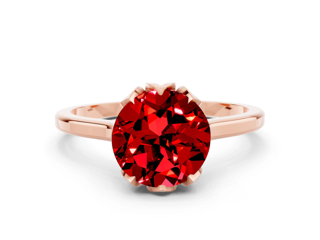 Rose gold Round Cut Ruby Solitaire Ring with Flower Prong Setting and Classic Band_37