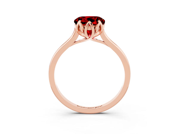 Rose Gold Round Lab-Grown Ruby Floral Solitaire Engagement Ring with Plain Band