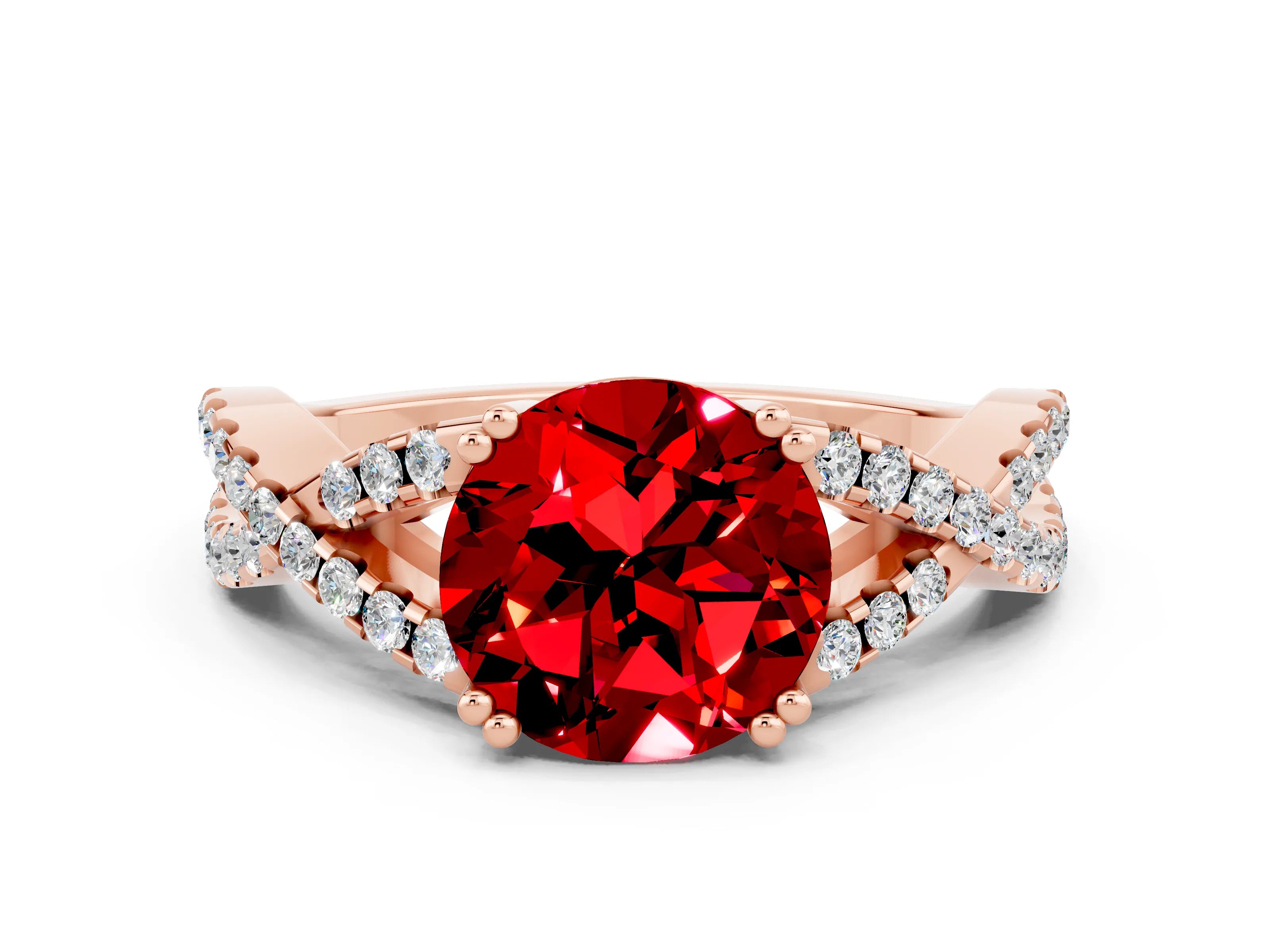 Rose gold Round Cut Ruby Solitaire Ring with Four-Prong Setting and Twisted Pavé Band