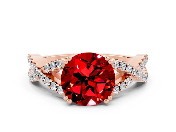 Rose gold Round Cut Ruby Solitaire Ring with Four-Prong Setting and Twisted Pavé Band