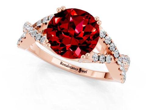 Rose gold Round Cut Ruby Solitaire Ring with Four-Prong Setting and Twisted Pavé Band_1