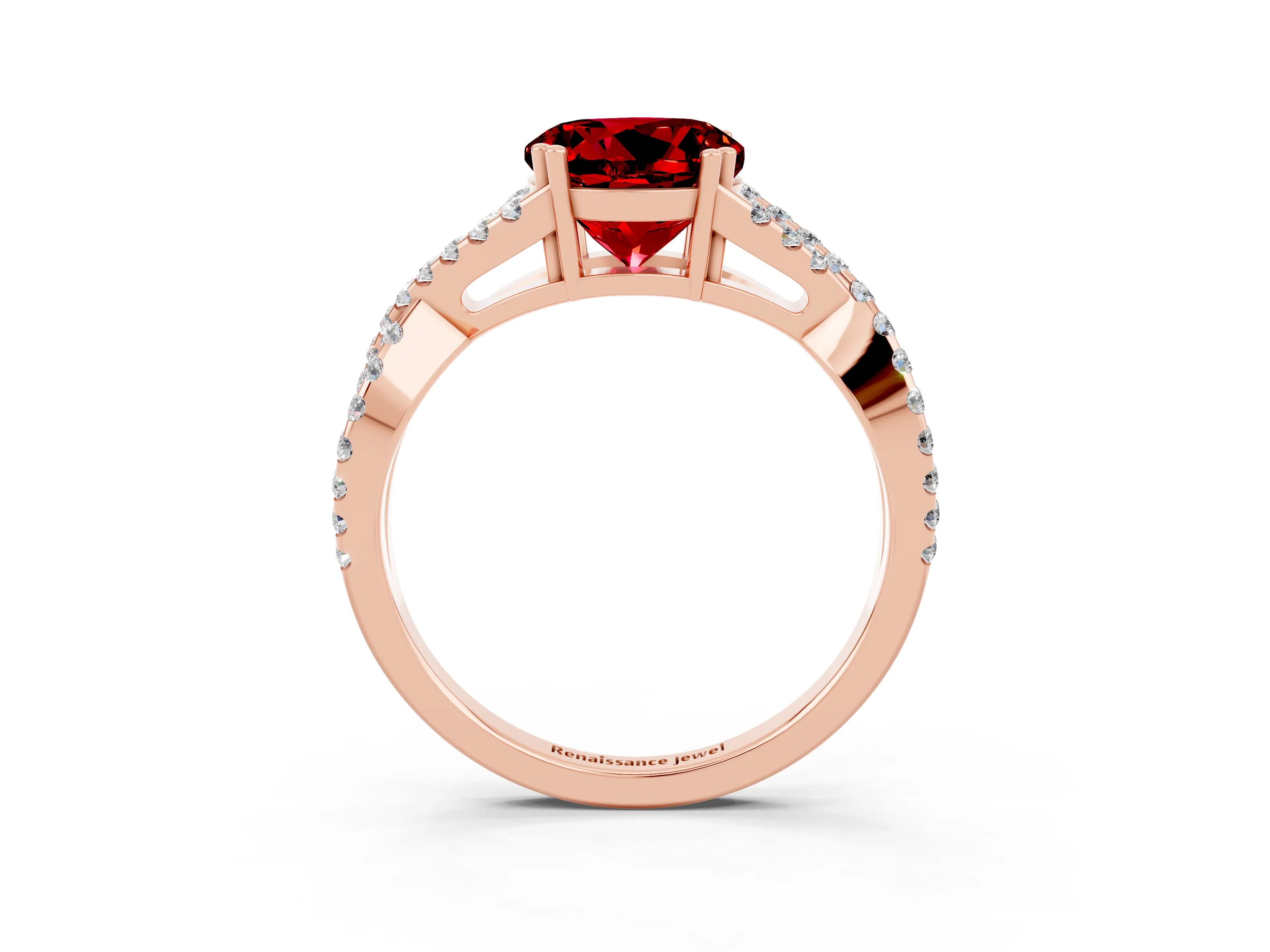 Rose gold Round Cut Ruby Solitaire Ring with Four-Prong Setting and Twisted Pavé Band_3