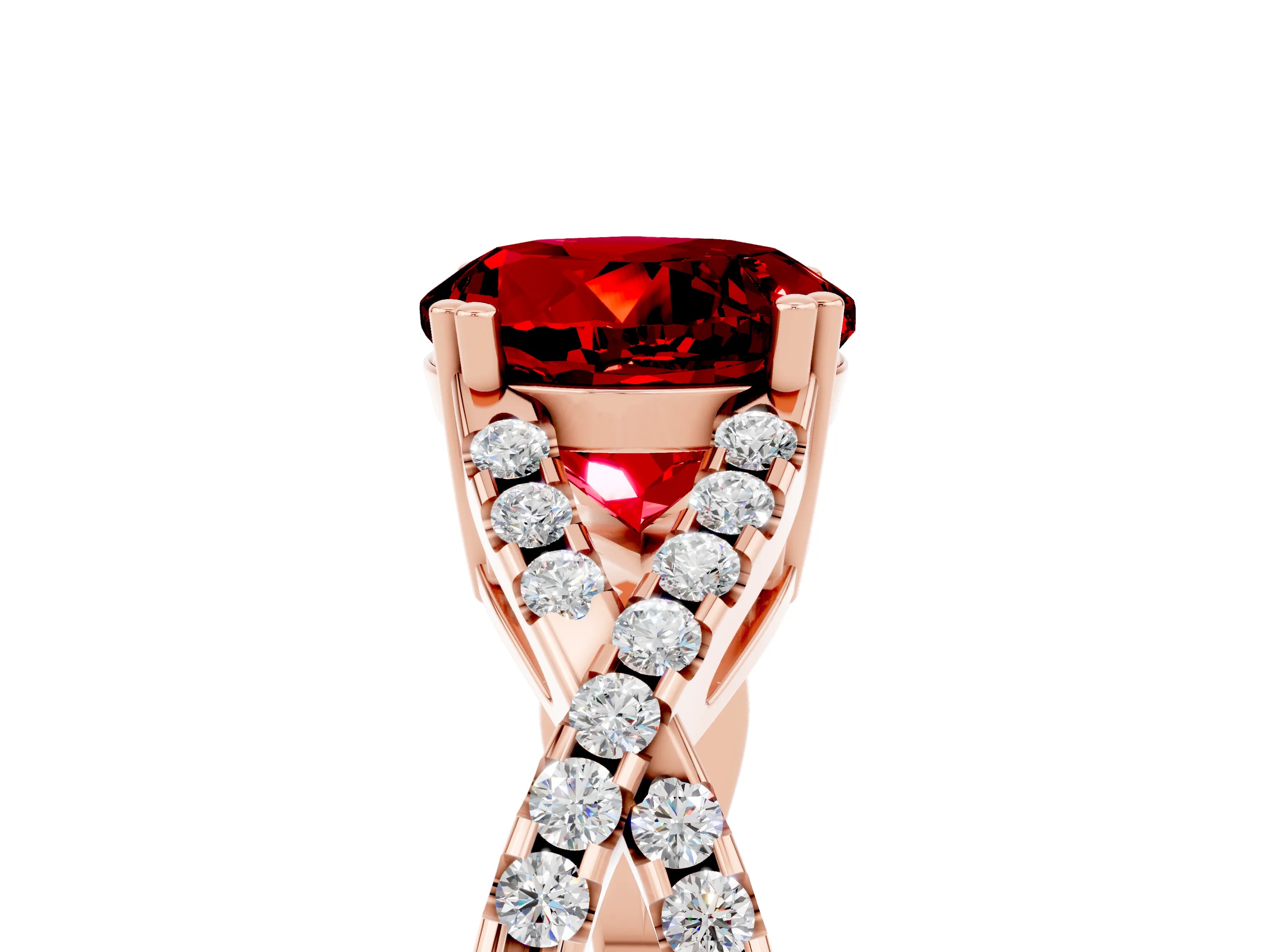 Rose gold Round Cut Ruby Solitaire Ring with Four-Prong Setting and Twisted Pavé Band_5