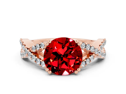 Rose gold Round Cut Ruby Solitaire Ring with Four-Prong Setting and Twisted Pavé Band