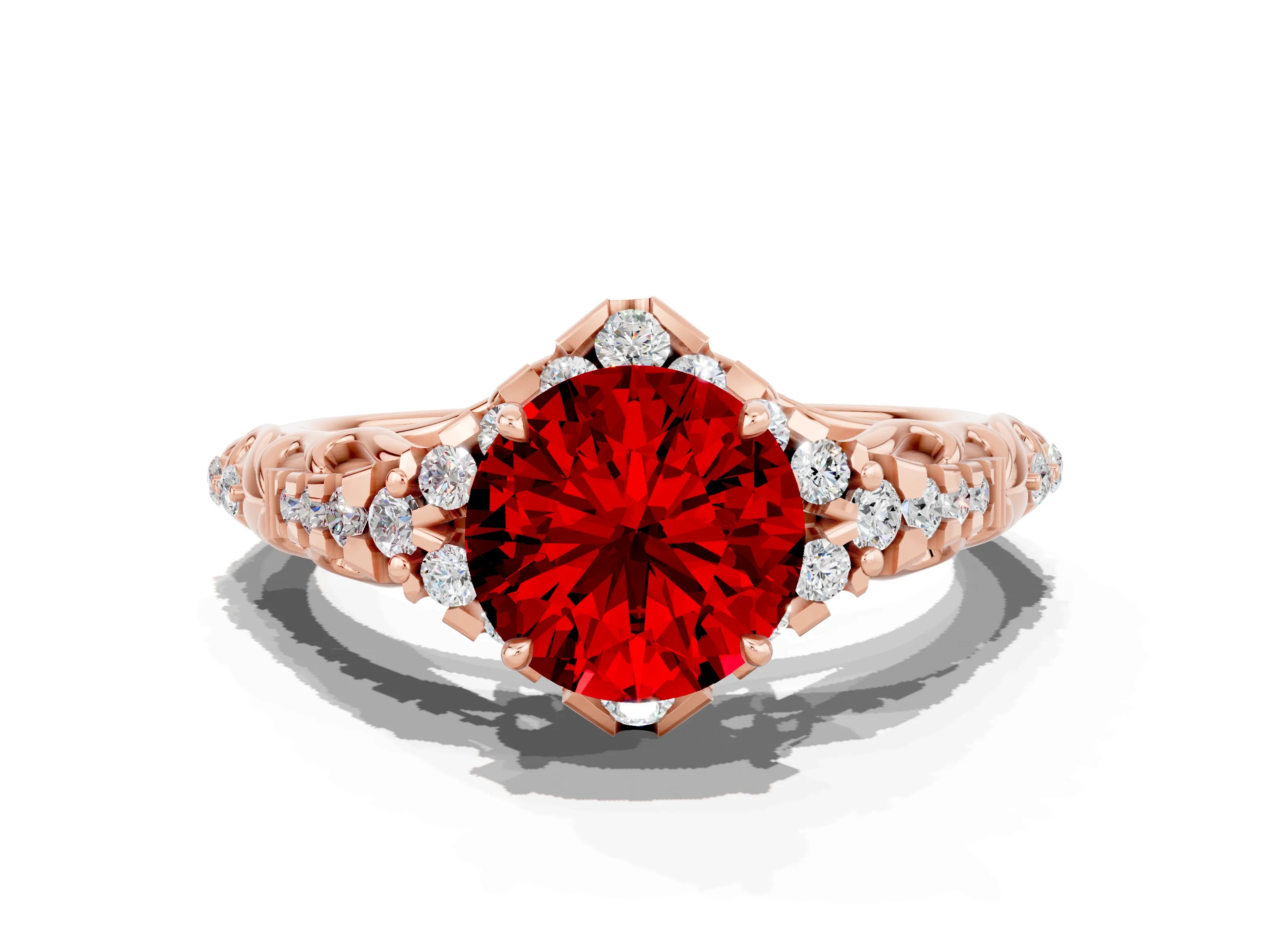 Rose gold Round Cut Ruby Solitaire Ring with Hidden Halo and Pavé Band_35