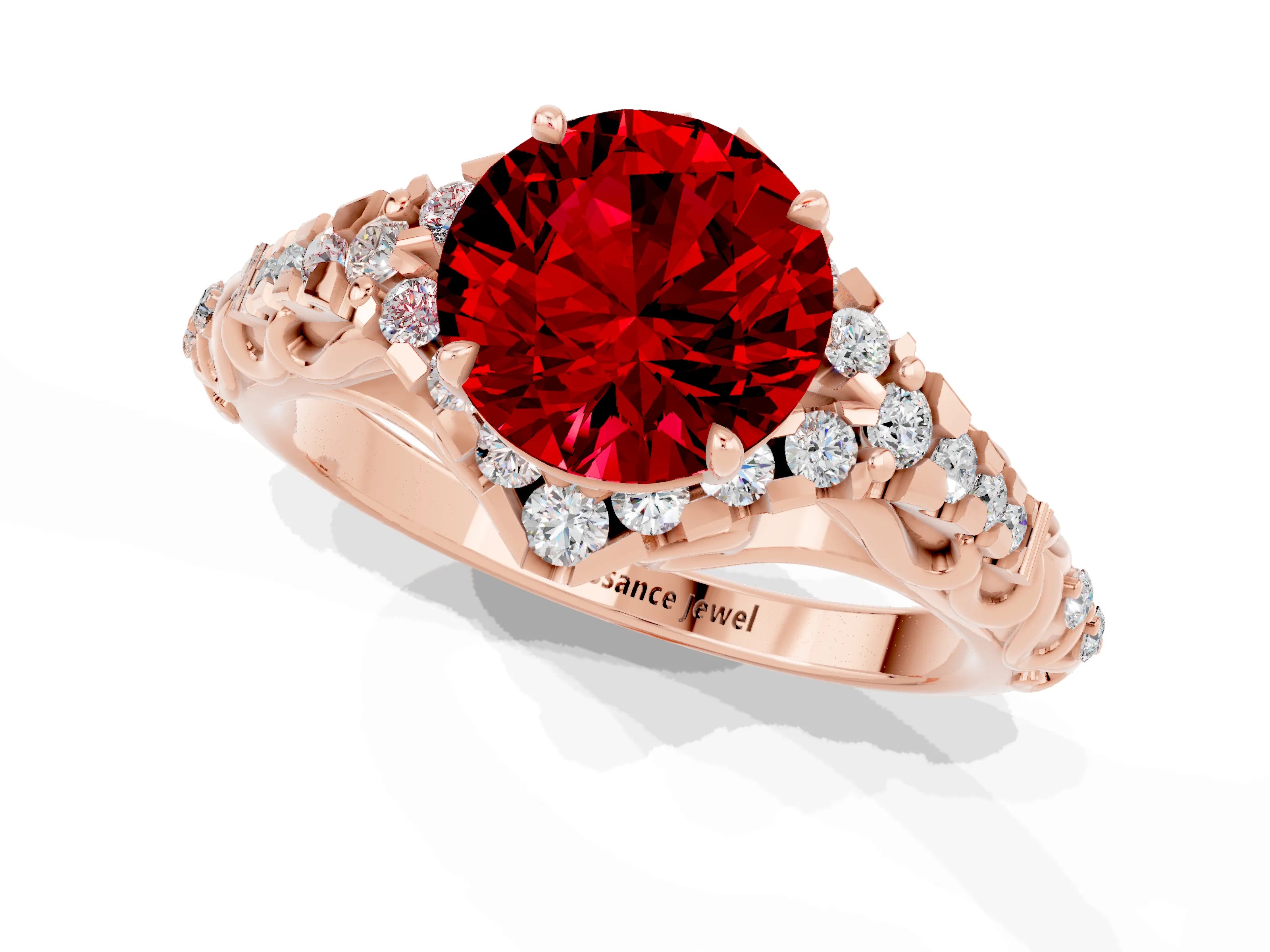 Rose gold Round Cut Ruby Solitaire Ring with Hidden Halo and Pavé Band_36