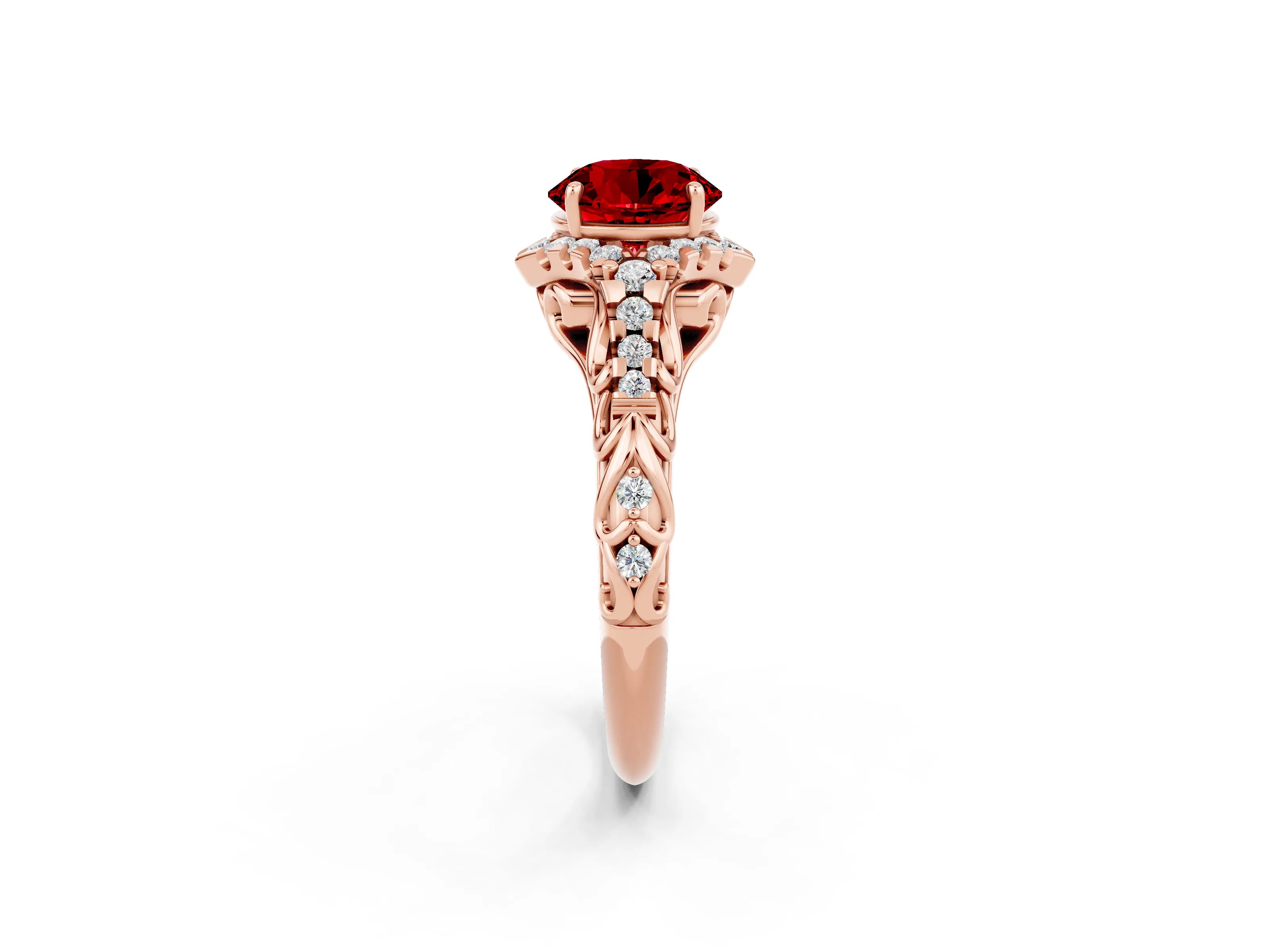 Rose gold Round Cut Ruby Solitaire Ring with Hidden Halo and Pavé Band_37