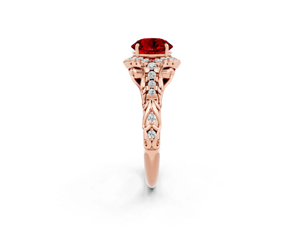 Rose gold Round Cut Ruby Solitaire Ring with Hidden Halo and Pavé Band