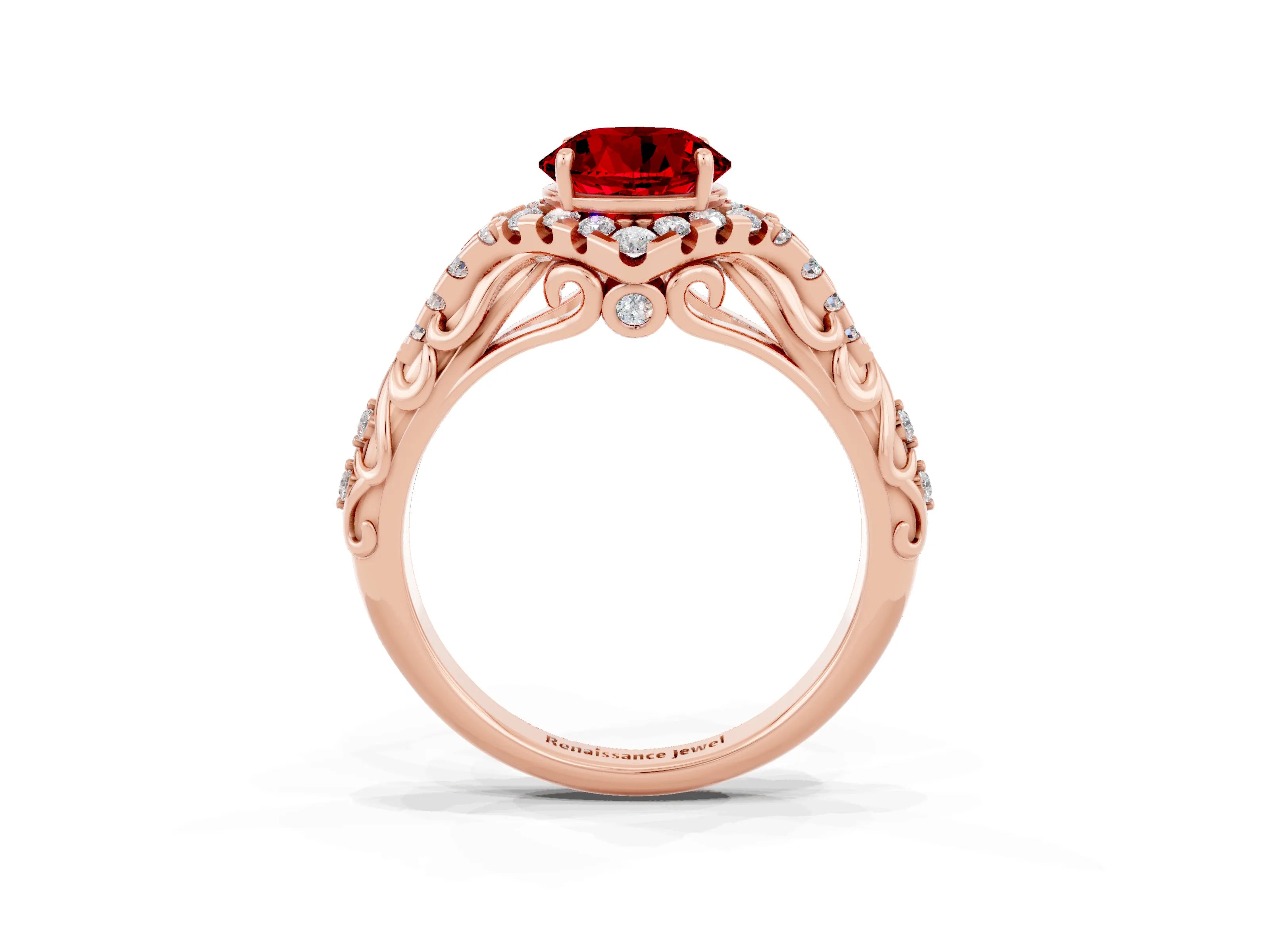 Rose gold Round Cut Ruby Solitaire Ring with Hidden Halo and Pavé Band_38