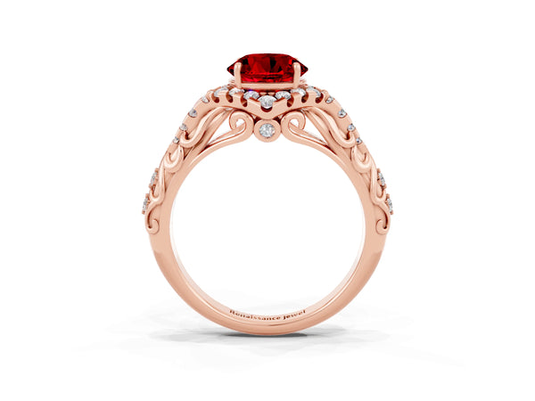 Rose gold Round Cut Ruby Solitaire Ring with Hidden Halo and Pavé Band