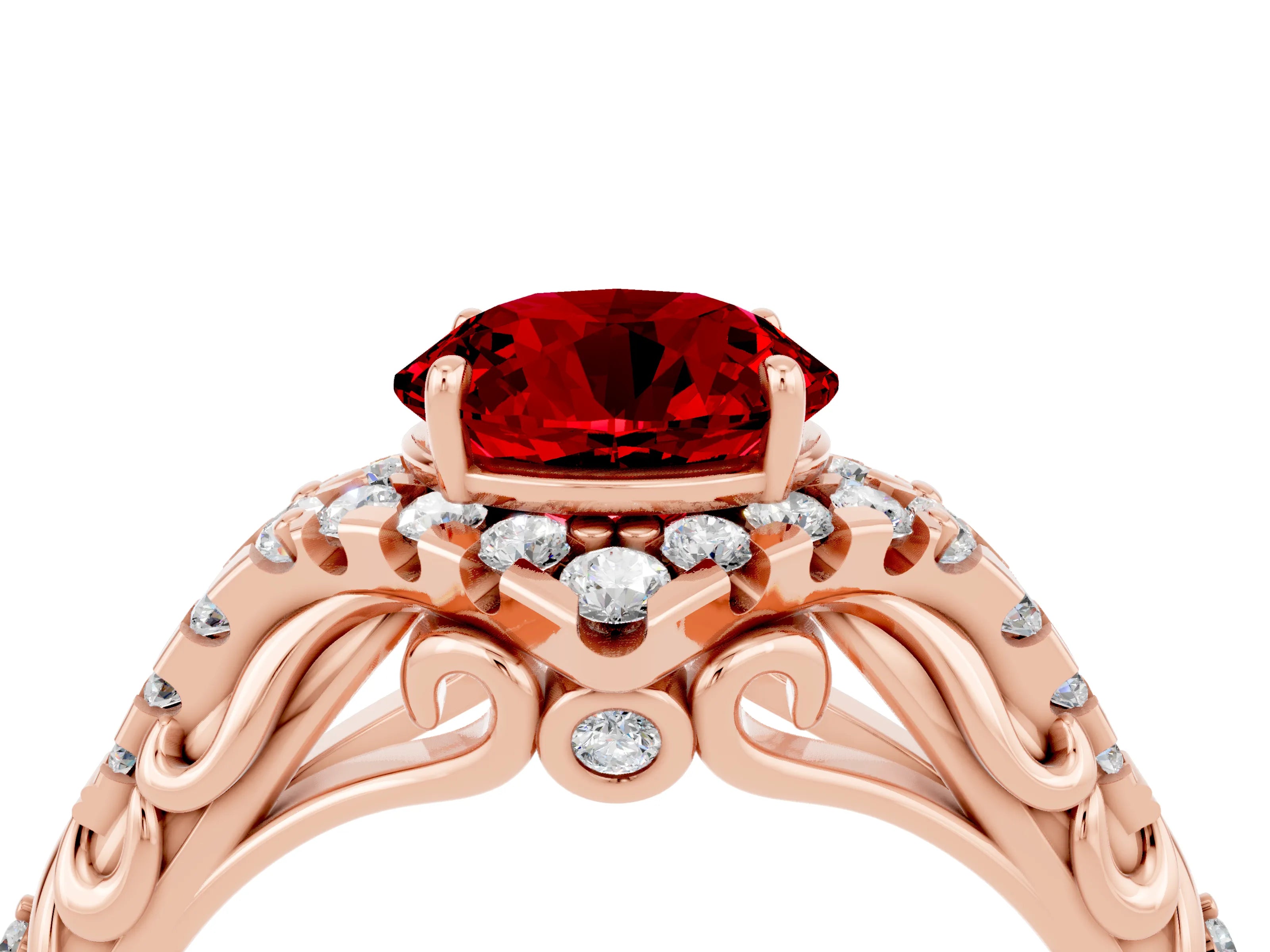 Rose gold Round Cut Ruby Solitaire Ring with Hidden Halo and Pavé Band_39