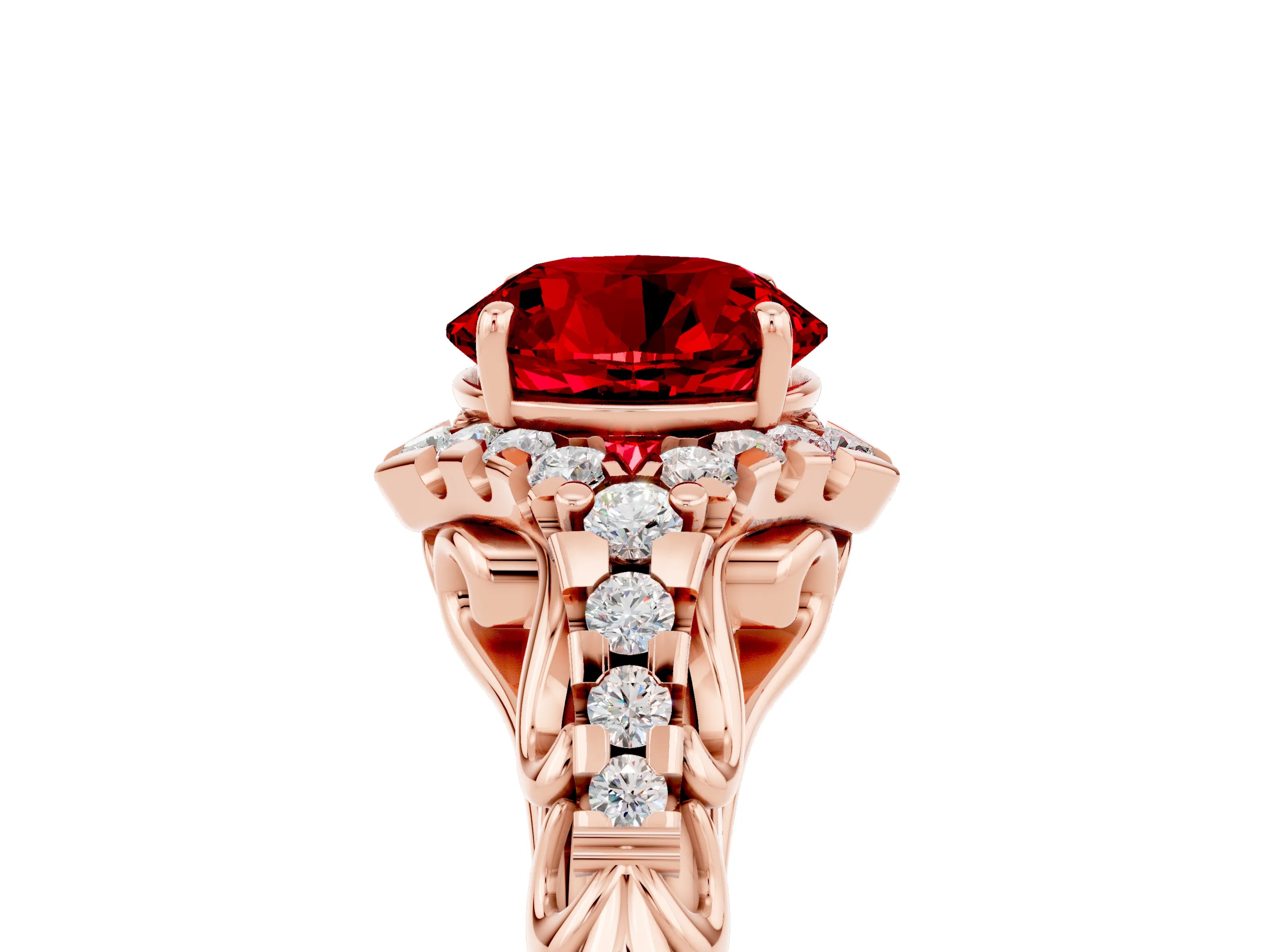 Rose gold Round Cut Ruby Solitaire Ring with Hidden Halo and Pavé Band_40