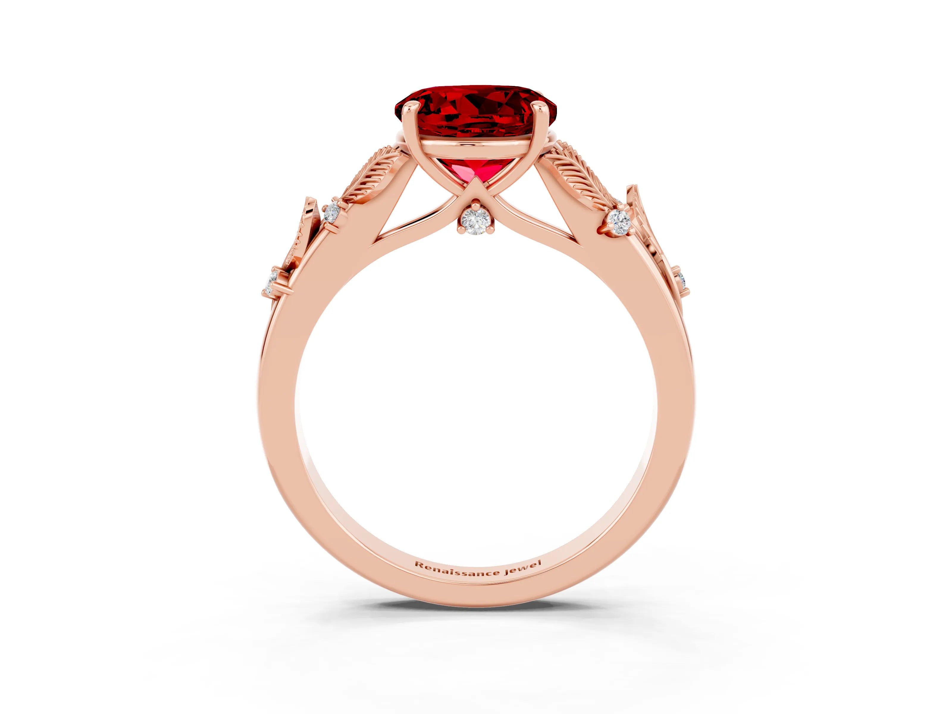 Rose gold Round Cut Ruby Solitaire Ring with Leaf Motif Band and Four-Prong Setting_3