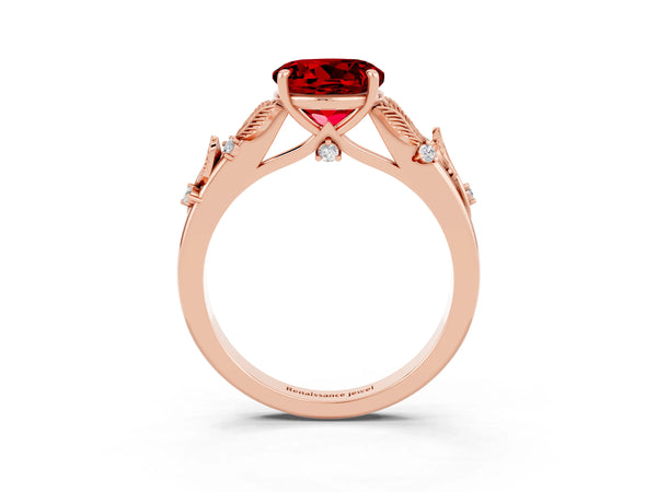 Rose gold Round Cut Ruby Solitaire Ring with Leaf Motif Band and Four-Prong Setting