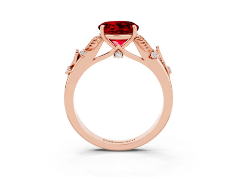 Rose gold Round Cut Ruby Solitaire Ring with Leaf Motif Band and Four-Prong Setting_3