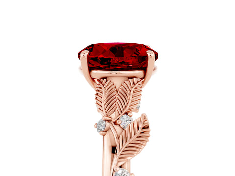 Rose gold Round Cut Ruby Solitaire Ring with Leaf Motif Band and Four-Prong Setting_5