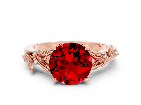 Rose gold Round Cut Ruby Solitaire Ring with Leaf Motif Band and Four-Prong Setting