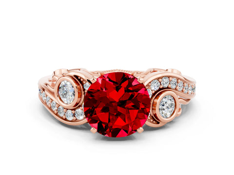 Rose gold Round Cut Ruby Solitaire Ring with Milgrain Pavé Band and Four-Prong Setting_36