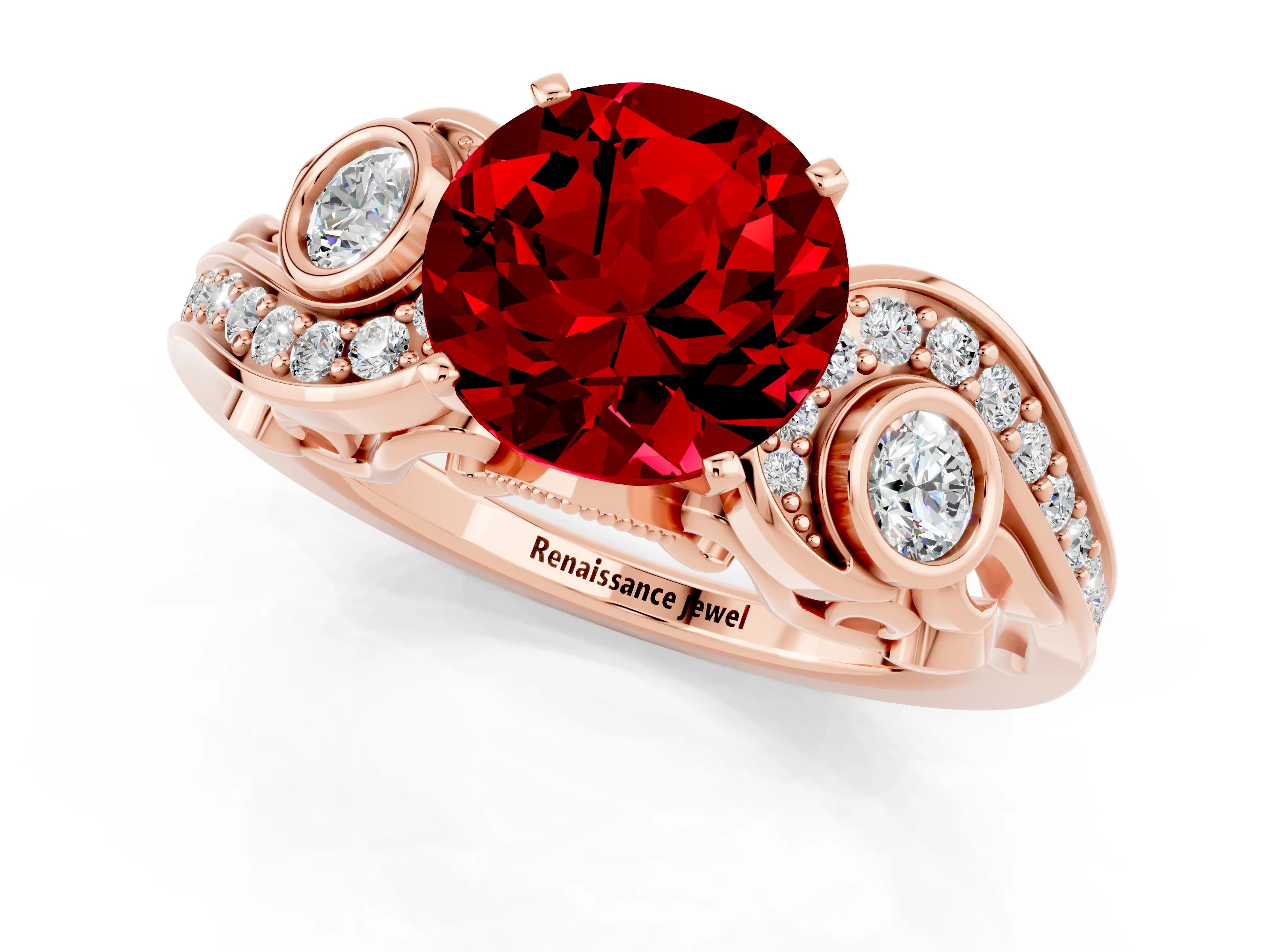 Rose gold Round Cut Ruby Solitaire Ring with Milgrain Pavé Band and Four-Prong Setting_37
