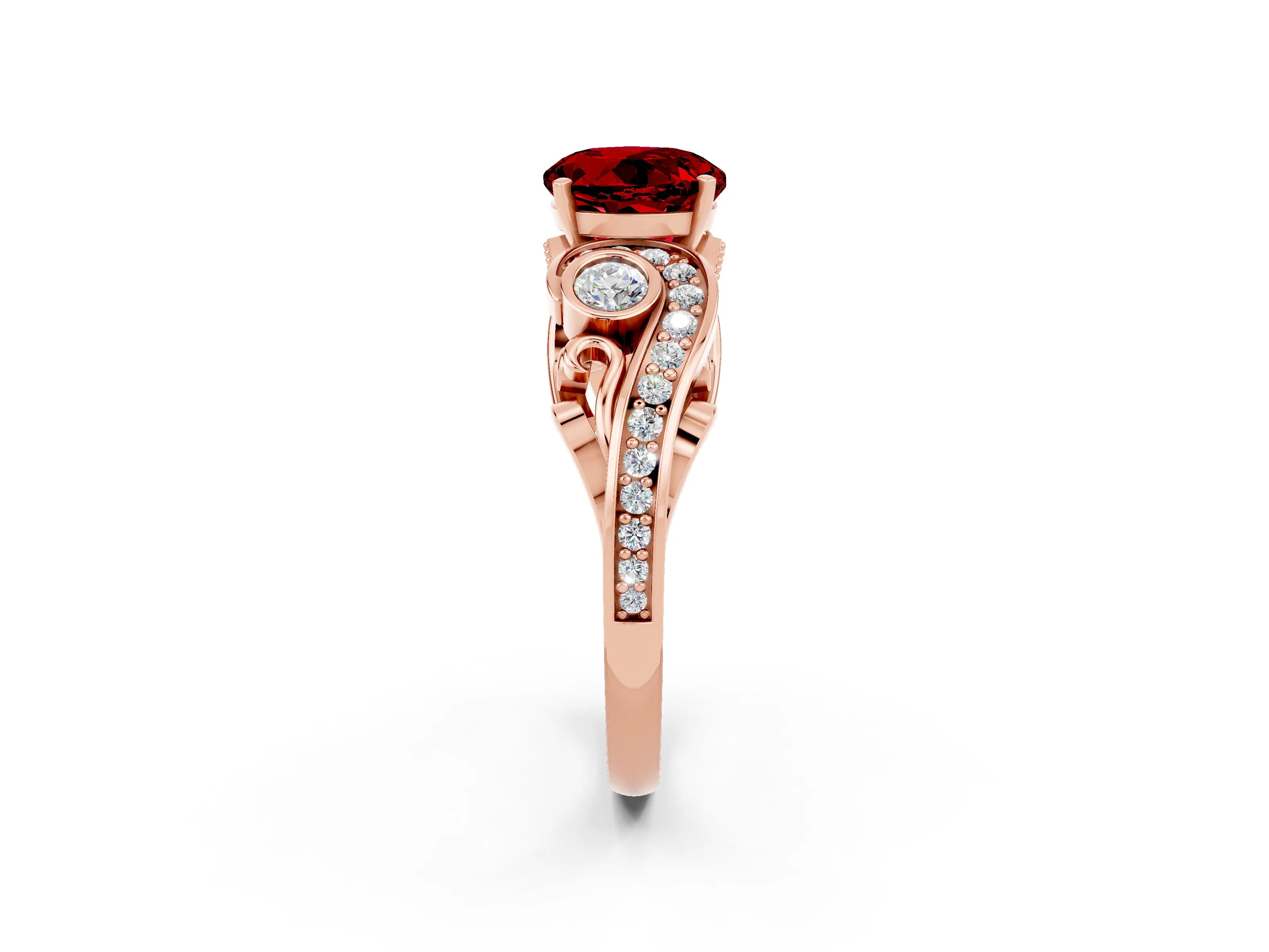 Rose gold Round Cut Ruby Solitaire Ring with Milgrain Pavé Band and Four-Prong Setting_38