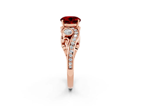 Rose gold Round Cut Ruby Solitaire Ring with Milgrain Pavé Band and Four-Prong Setting_38
