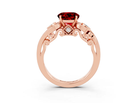 Rose gold Round Cut Ruby Solitaire Ring with Milgrain Pavé Band and Four-Prong Setting_39