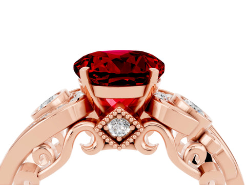 Rose gold Round Cut Ruby Solitaire Ring with Milgrain Pavé Band and Four-Prong Setting_40